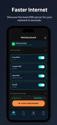 Pantalla principal de DNS Benchmark mostrando la lista de servidores DNS y el botón Iniciar Benchmark