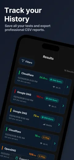 Historial de pruebas con resultados anteriores, filtros y opción de exportación CSV