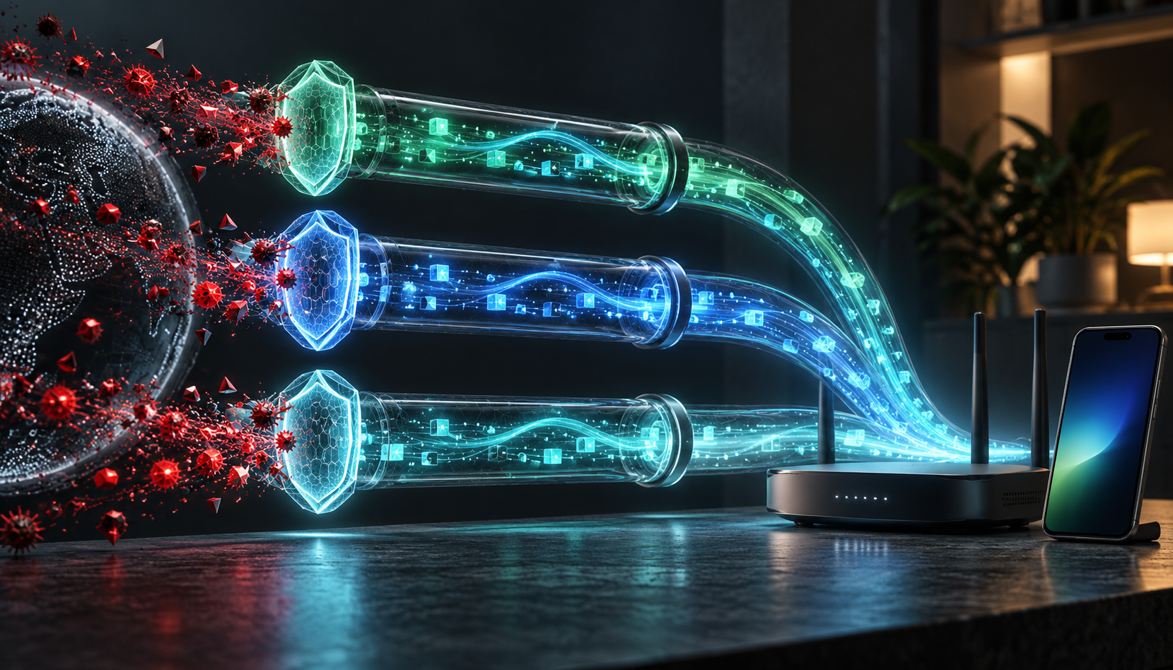 Three parallel encrypted QUIC tunnels with geometric shields filtering red threat particles while delivering clean DNS streams to a phone and router