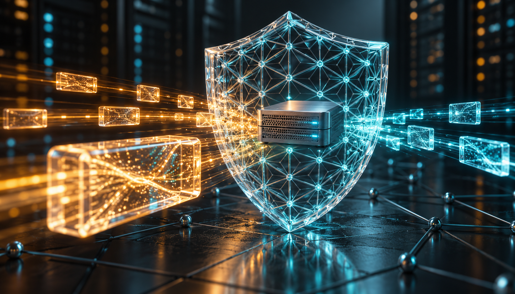A glass lattice shield protecting a DNS server and authenticating amber and cyan data packets