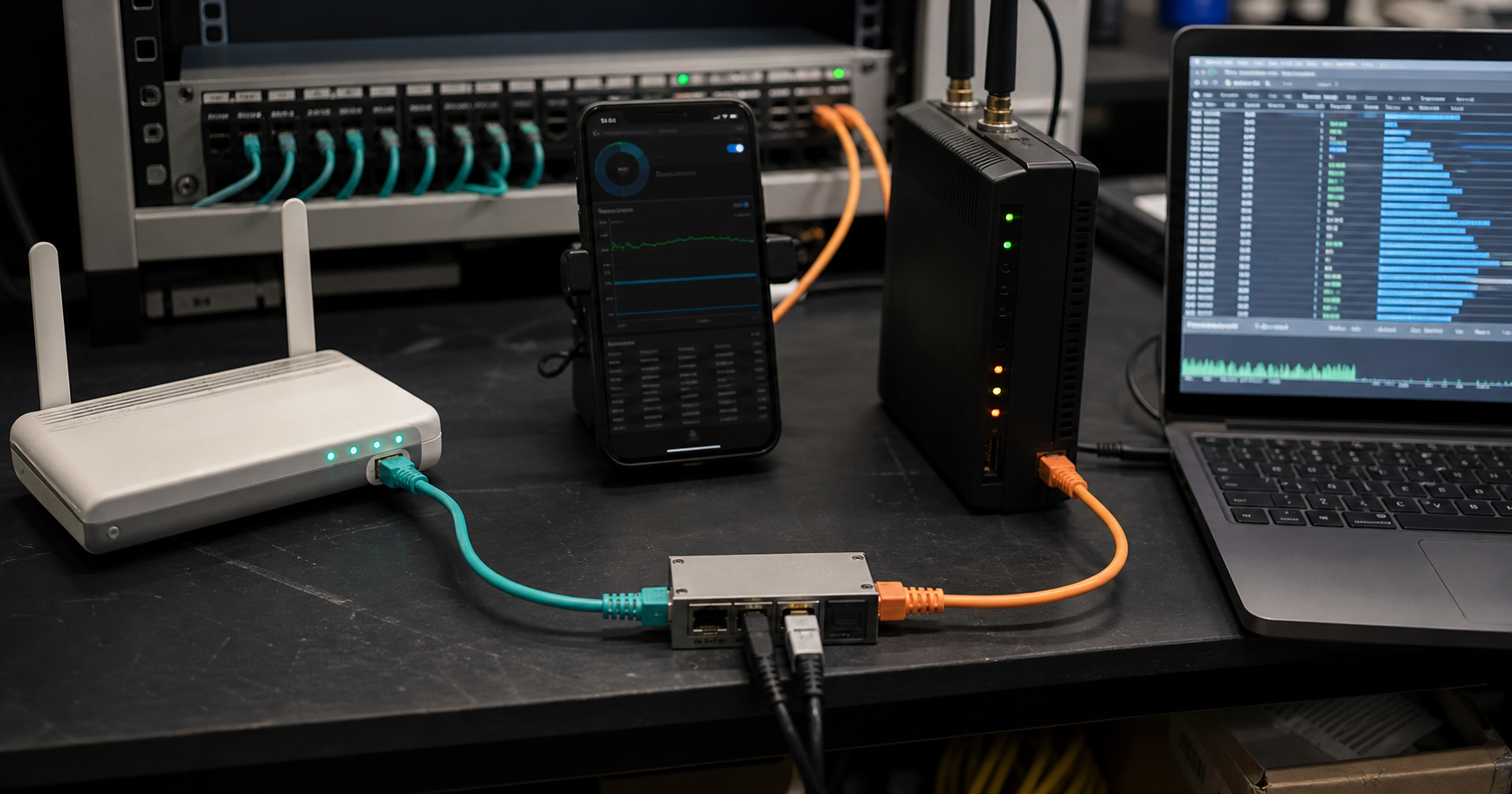Network test bench with a phone, Wi-Fi access point, cellular modem, packet tap, and capture laptop