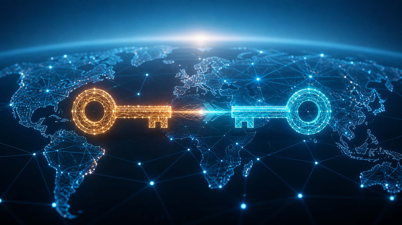 Amber and cyan cryptographic keys exchanging trust across a connected global DNS network